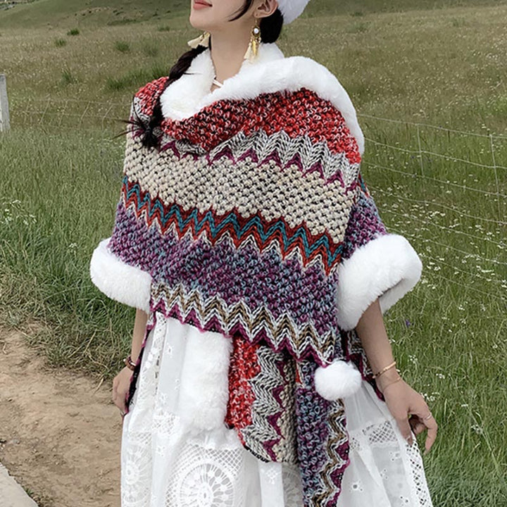 Buddha Stones Tibetischer mehrfarbiger Wellenlinien-Strickschal, gestreift, Wintermantel, gemütlicher Reiseschal - image 29