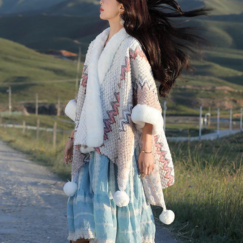 Buddha Stones Tibetischer mehrfarbiger Wellenlinien-Strickschal, gestreift, Wintermantel, gemütlicher Reiseschal - image 26