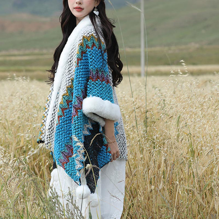 Buddha Stones Tibetischer mehrfarbiger Wellenlinien-Strickschal, gestreift, Wintermantel, gemütlicher Reiseschal - image 10