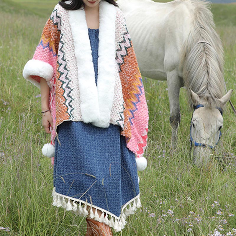 Buddha Stones Tibetischer mehrfarbiger Wellenlinien-Strickschal, gestreift, Wintermantel, gemütlicher Reiseschal - image 21
