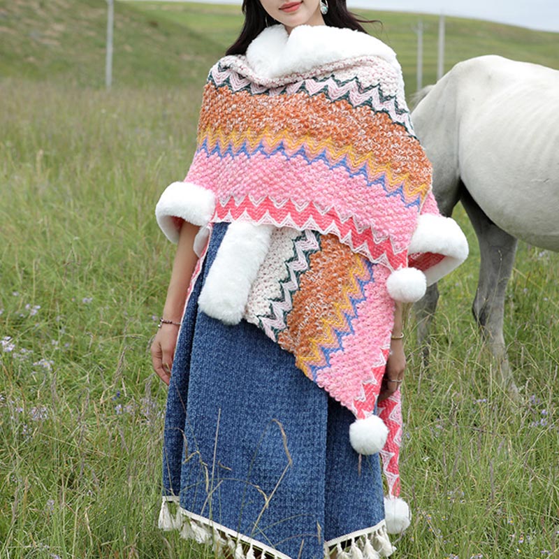 Buddha Stones Tibetischer mehrfarbiger Wellenlinien-Strickschal, gestreift, Wintermantel, gemütlicher Reiseschal - image 20