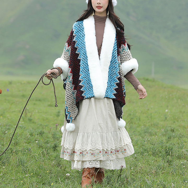 Buddha Stones Tibetischer mehrfarbiger Wellenlinien-Strickschal, gestreift, Wintermantel, gemütlicher Reiseschal - image 12