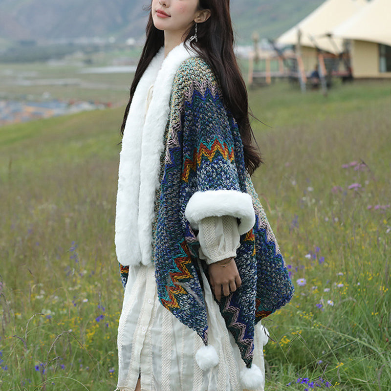 Buddha Stones Tibetischer mehrfarbiger Wellenlinien-Strickschal, gestreift, Wintermantel, gemütlicher Reiseschal - image 3