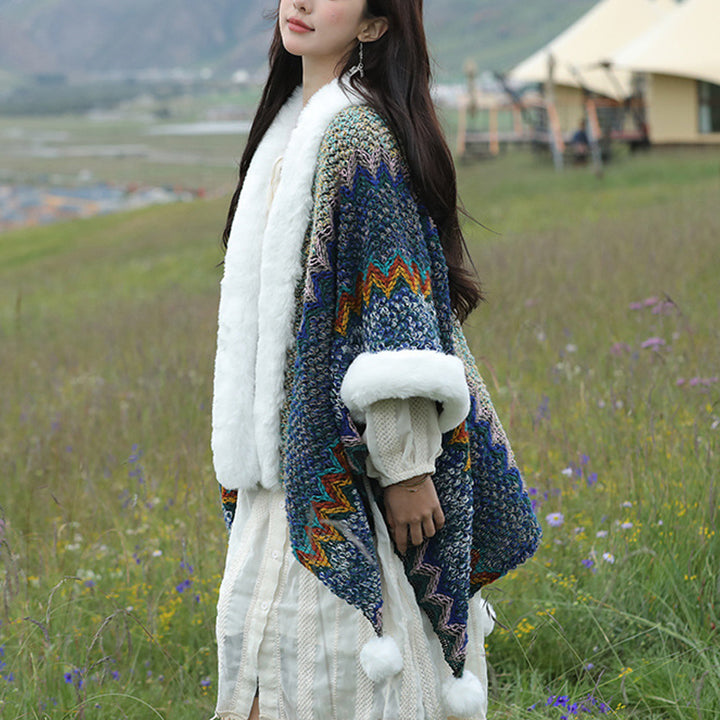 Buddha Stones Tibetischer mehrfarbiger Wellenlinien-Strickschal, gestreift, Wintermantel, gemütlicher Reiseschal - image 3