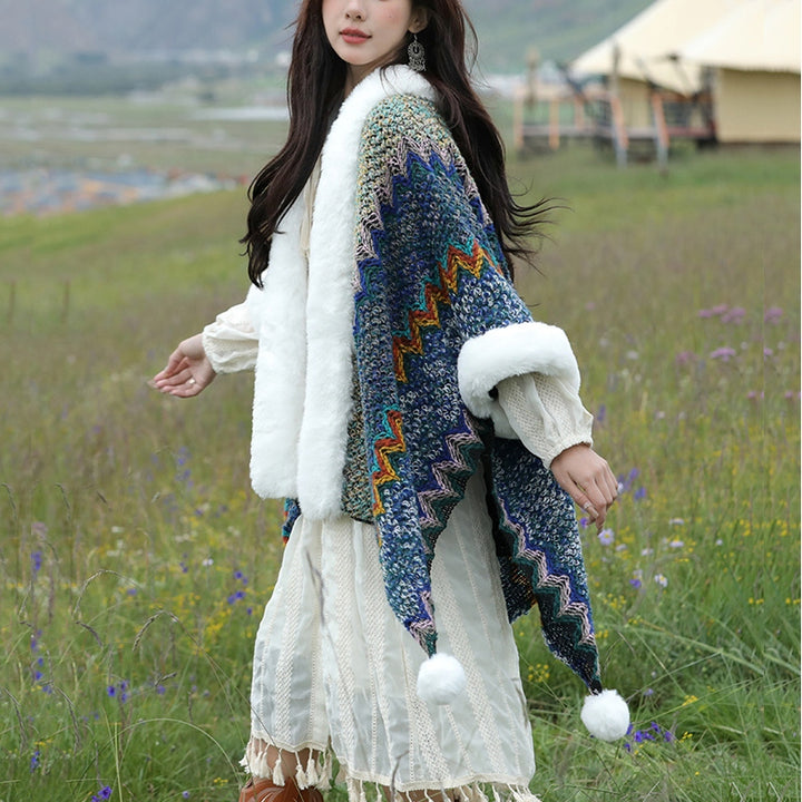 Buddha Stones Tibetischer mehrfarbiger Wellenlinien-Strickschal, gestreift, Wintermantel, gemütlicher Reiseschal - image 2