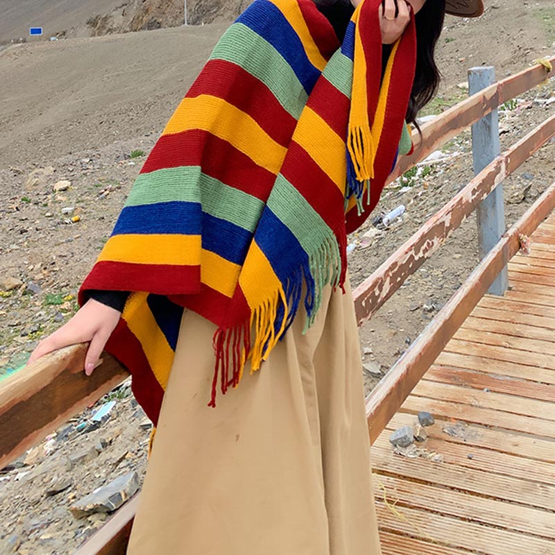 Buddha Stones, tibetanisches, bunt gestreiftes Design, Schal, Quasten, Pullover, Winter, gemütlicher Reiseschal, Wickeltuch - image 6