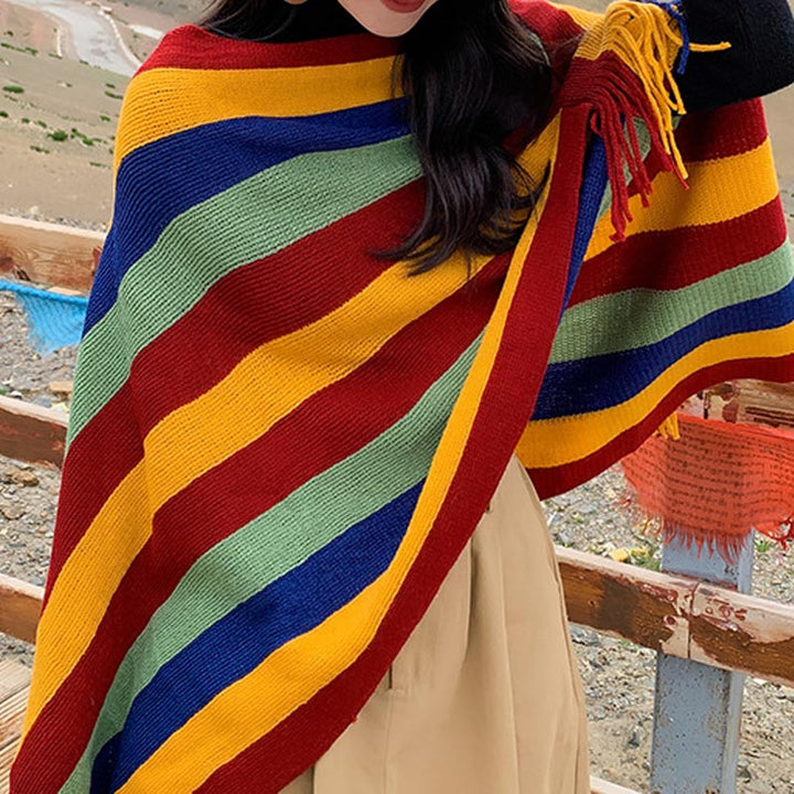 Buddha Stones, tibetanisches, bunt gestreiftes Design, Schal, Quasten, Pullover, Winter, gemütlicher Reiseschal, Wickeltuch - image 1