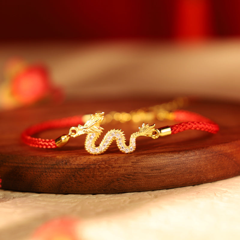 Buddha Stones 925 Sterling Silber Jahr des Drachen verheißungsvoller goldener Drache Glück rotes Seilkettenarmband - Drachenarmband aus rotem Seil (Handgelenkumfang 14-18 cm) - image 0