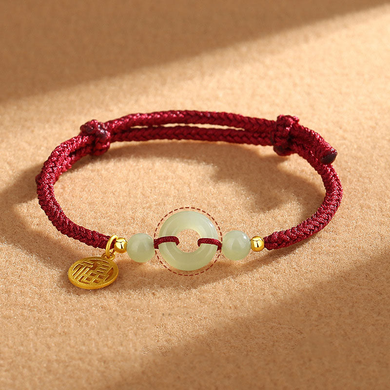 Buddha Stones Armband aus 925er Sterlingsilber mit Friedensschnalle aus Hetian-Jade und Fu-Zeichen-Anhänger - Rotes Seil (Handgelenkumfang 14-16 cm) - image 0
