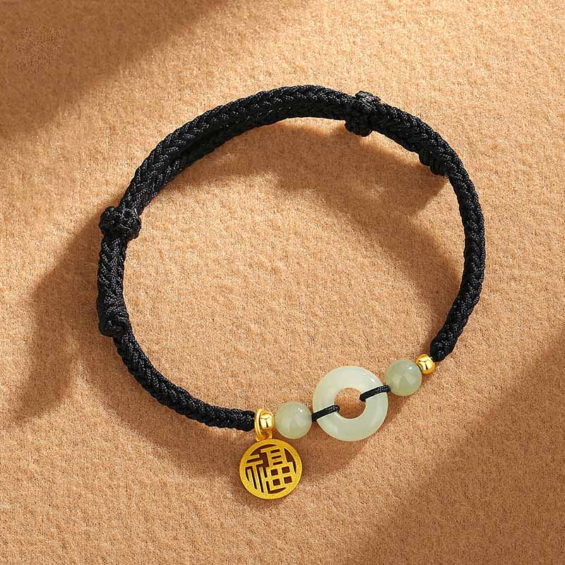 Buddha Stones Armband aus 925er Sterlingsilber mit Friedensschnalle aus Hetian-Jade und Fu-Zeichen-Anhänger - Schwarzes Seil (Handgelenkumfang 14-16 cm) - image 3