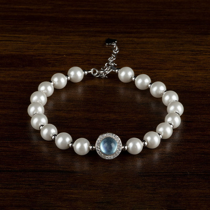Buddha Stones 925 Sterling Silber Perle Blauer Chalcedon Heilkette Armband Ring - 6 mm Perlenarmband (Handgelenkumfang 14-17 cm) - image 0