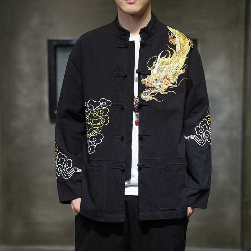 Buddha Stones, Drache, verheißungsvolle Wolke, Stickerei, Kleidung, chinesische Tang-Anzugjacke, Herrenbekleidung - Schwarz - US/ UK/AU48，EU58 (5XL) - image 0