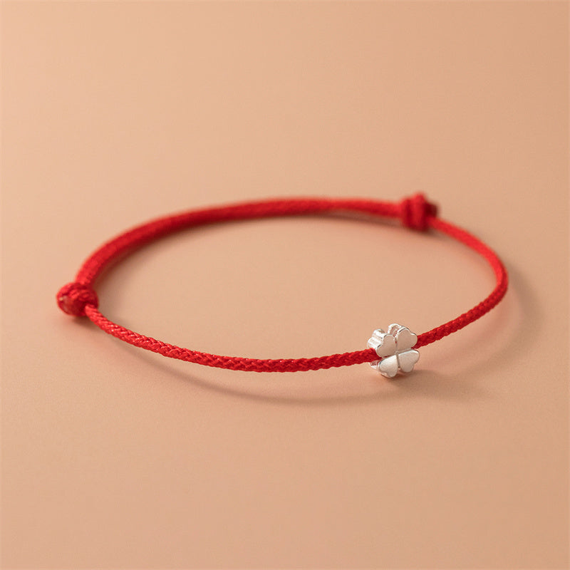 Buddha Stones Armband aus 925er Sterlingsilber mit vierblättrigem Kleeblatt und rotem Seil - image 1