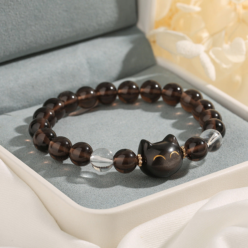 Buddha Stones Natürliches Eis-Obsidian-Silber-Glanz-Obsidian-Niedliches Katzen-Positiv-Armband - 14-16 cm - image 1