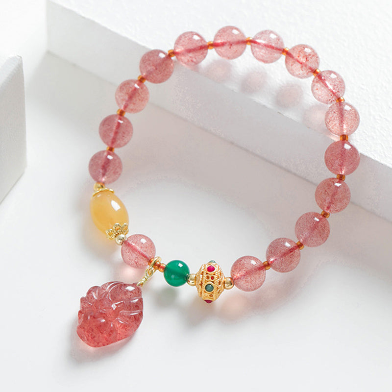 Buddha Stones Natürlicher Erdbeerquarz Neunschwänziger Fuchs Heilarmband