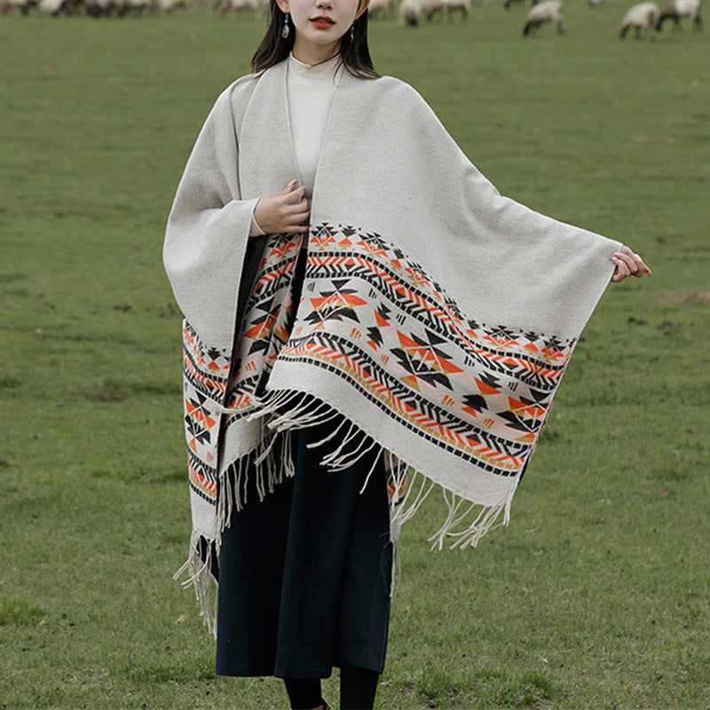 Tibetischer Schal mit Buddha Stonesn, bunte Geometrie, gemütlicher Winter-Reiseschal - Beige Braun 150*130cm - image 0