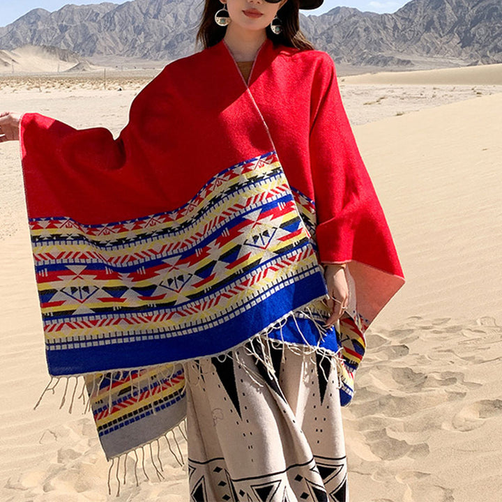 Tibetischer Schal mit Buddha Stonesn, bunte Geometrie, gemütlicher Winter-Reiseschal - Rot 150*130cm - image 13