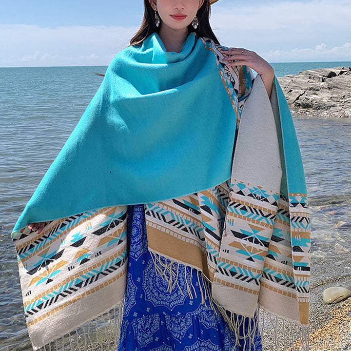 Tibetischer Schal mit Buddha Stonesn, bunte Geometrie, gemütlicher Winter-Reiseschal - Hellblau Beige 150*130cm - image 28