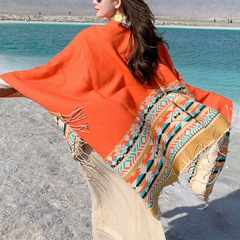 Tibetischer Schal mit Buddha Stonesn, bunte Geometrie, gemütlicher Winter-Reiseschal - Orange 150*130cm - image 36