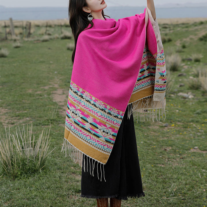 Tibetischer Schal mit Buddha Stonesn, bunte Geometrie, gemütlicher Winter-Reiseschal - image 35