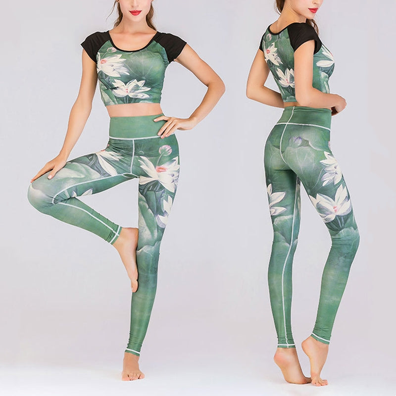 Buddha Stones 2 Stück Lotus Phoenix Frühlingsblumen Pfau Top Hosen Sport Fitness Yoga Damen Yoga Sets - Lotus - US8-10， UK/AU12-14，EU40-42 (XL) - image 0