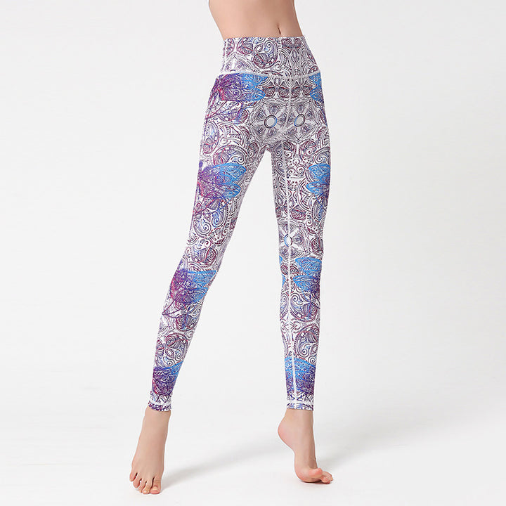 Buddha Stones ​​Blumen Blätter Vögel Hose Sport Fitness Yoga Leggings Damen Yogahose - Lila Blau Weiß - US 8-10, UK/AU 12-14, EU 40-42 (XL) - image 0