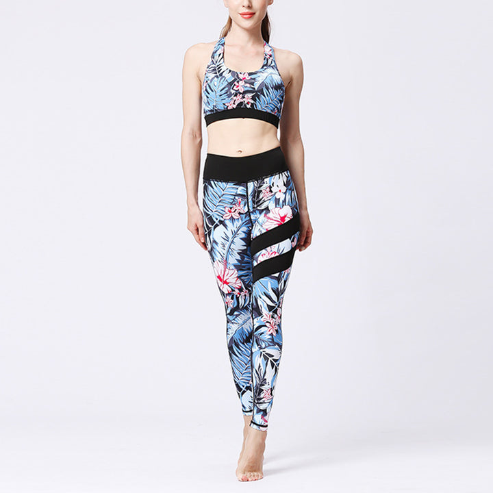 Buddha Stones 2-teiliges Sonnenblumen-Blumen-Blätter-Oberteil, Hose, Sport, Fitness, Yoga, Damen-Yoga-Sets - Blaue Blätter Rosa Blüten - US8-10， UK/AU12-14，EU40-42 (XL)  - image 21