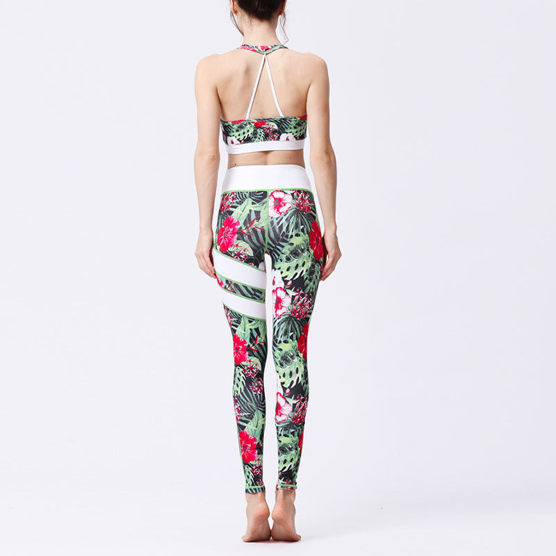 Buddha Stones 2-teiliges Sonnenblumen-Blumen-Blätter-Oberteil, Hose, Sport, Fitness, Yoga, Damen-Yoga-Sets