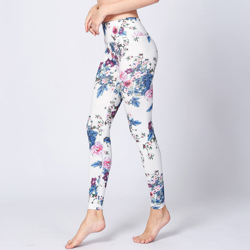 Buddha Stones, rosa Blume , Weiß , bunte Tinte, Weiß Leggings, Sport, Fitness, Yoga, Damenhose