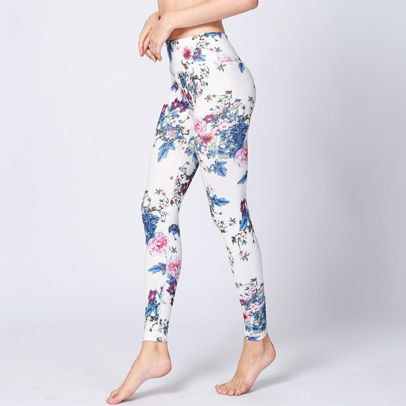 Buddha Stones, rosa Blume , Weiß , bunte Tinte, Weiß Leggings, Sport, Fitness, Yoga, Damenhose