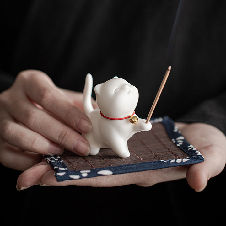 Buddha Stones, Mini-Glückskatze, Kätzchen, Teehaustier, Keramik, Schreibtisch-Figur, Dekoration mit Bambusmatte - image 4