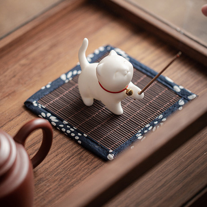 Buddha Stones, Mini-Glückskatze, Kätzchen, Teehaustier, Keramik, Schreibtisch-Figur, Dekoration mit Bambusmatte - image 5