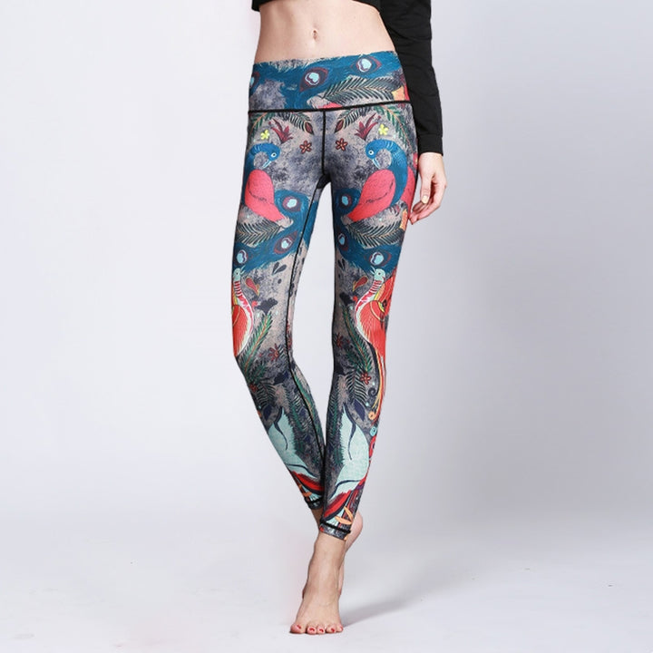 Buddha Stones Rot Blau Pfauenfeder Hose Sport Fitness Yoga Leggings Damen Yogahose - US8-10， UK/AU12-14，EU40-42 (XL) - image 0