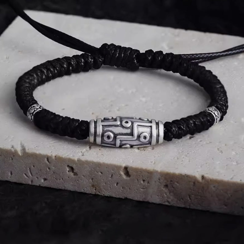 Buddha Stones 999 Sterling Silber Neun-Augen-Dzi-Perlenmuster Segensseil-Armband - 14-23 cm - image 0