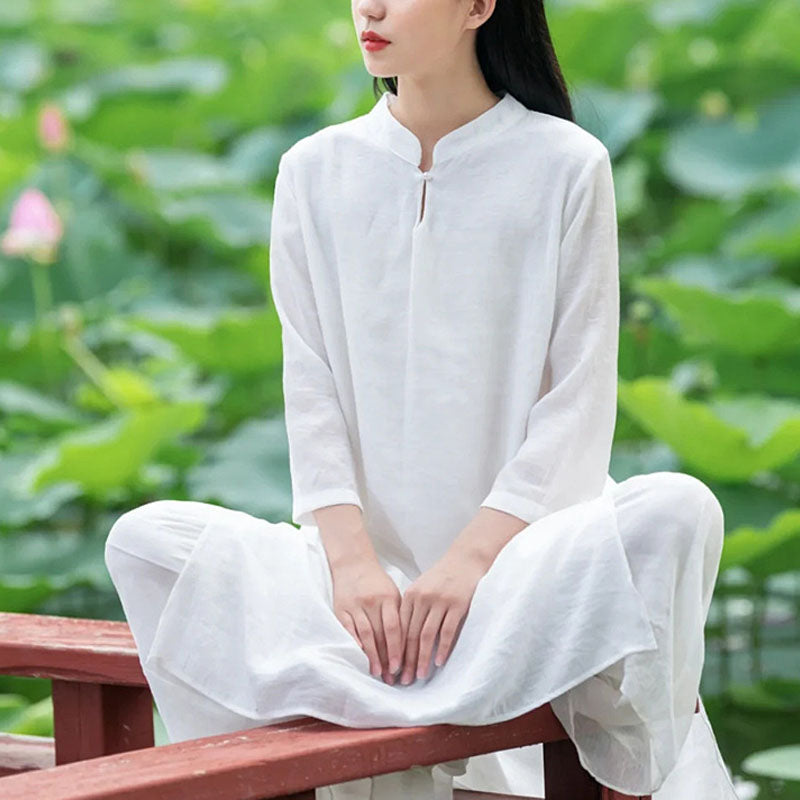 Buddha Stones 2-teiliges Weiß Tai Chi Meditation Yoga Zen Baumwolle Leinen Kleidung Top Hosen Damen Set - Weiß (Oberteil und Hose) – US8–10, UK/AU12–14, EU40–42 (2XL) - image 0