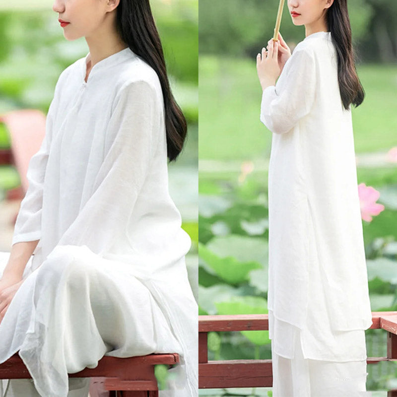 Buddha Stones 2-teiliges Weiß Tai Chi Meditation Yoga Zen Baumwolle Leinen Kleidung Top Hosen Damen Set - image 12