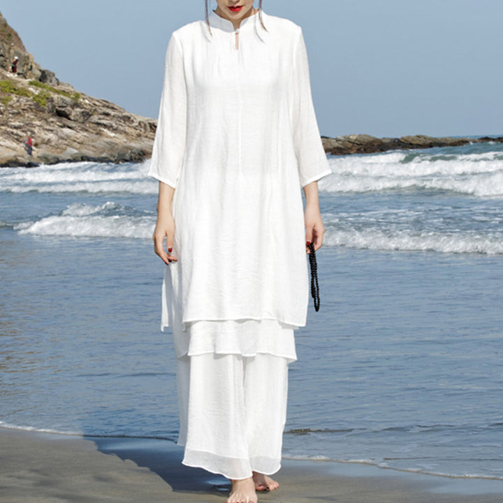Buddha Stones 2-teiliges Weiß Tai Chi Meditation Yoga Zen Baumwolle Leinen Kleidung Top Hosen Damen Set - image 3