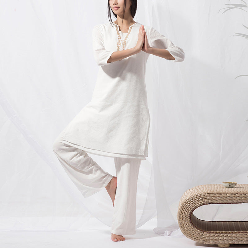 Buddha Stones 2-teiliges Tai Chi Meditation Yoga Baumwolle Kleidung Top Hosen Damen Set - image 2