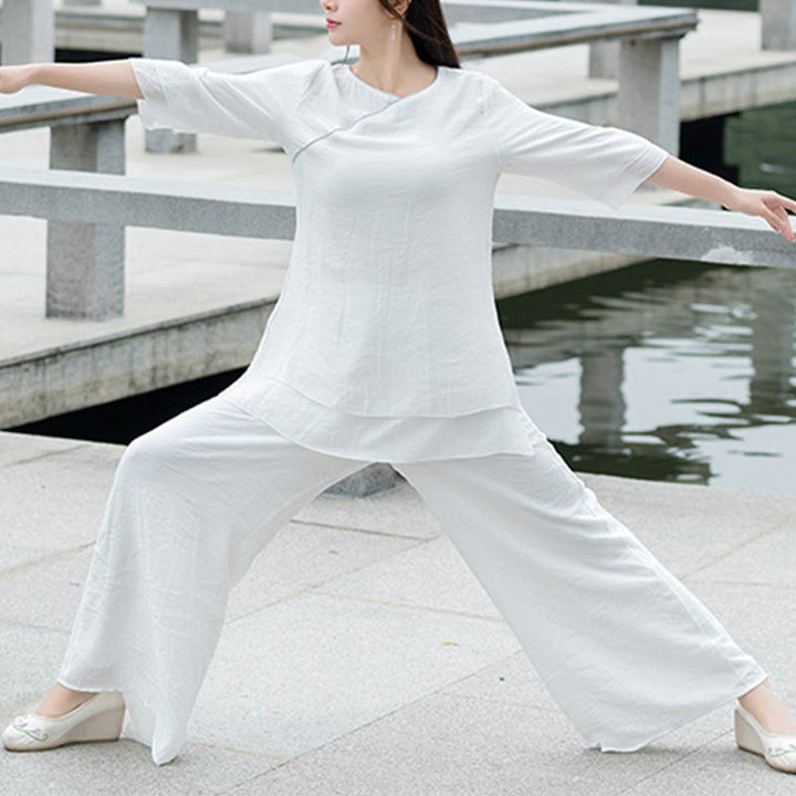 Buddha Stones ​​2-teiliges Set: Schlichtes Design, weißes Oberteil und Hose für Meditation, Yoga, Zen und Tai Chi – Damen - image 4