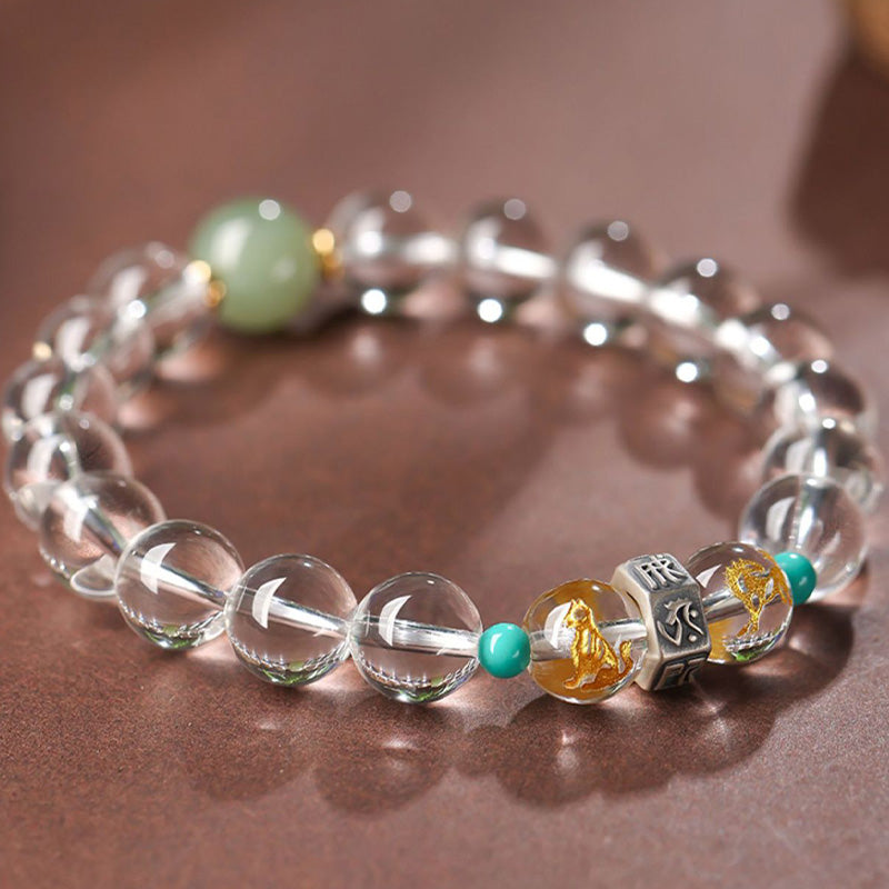 Buddha Stones 925 Sterling Silber Chinesisches Sternzeichen Natal Buddha Glücksverheißende Gruppen Weiß Kristall Hetian Jade Heilarmband - Glücksgruppen für Schweine: Schwein/Kaninchen/Ziege - 12 mm (Handgelenkumfang 14-16 cm) - image 1