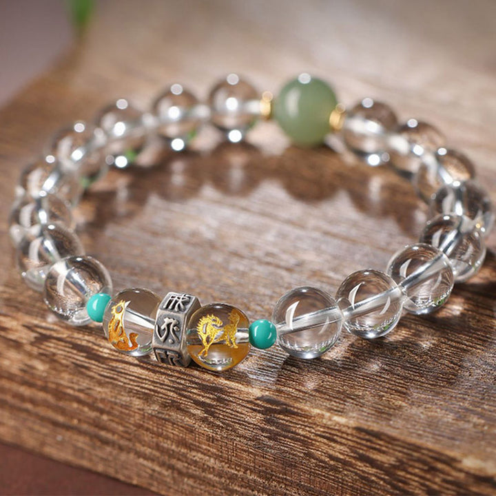 Buddha Stones 925 Sterling Silber Chinesisches Sternzeichen Natal Buddha Glücksverheißende Gruppen Weiß Kristall Hetian Jade Heilarmband - image 2