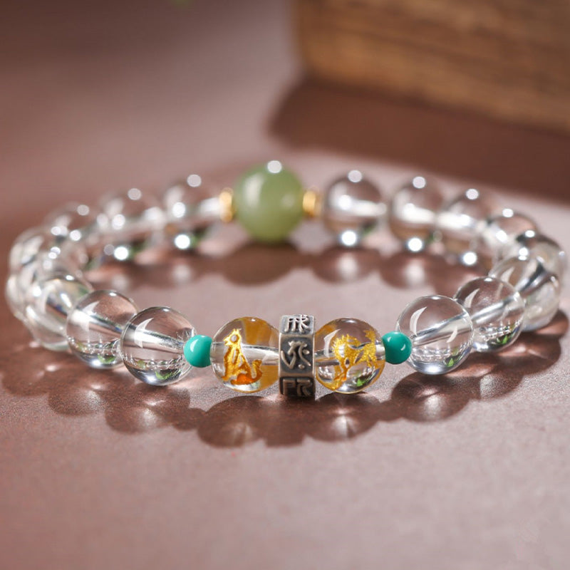 Buddha Stones 925 Sterling Silber Chinesisches Sternzeichen Natal Buddha Glücksverheißende Gruppen Weiß Kristall Hetian Jade Heilarmband - image 7