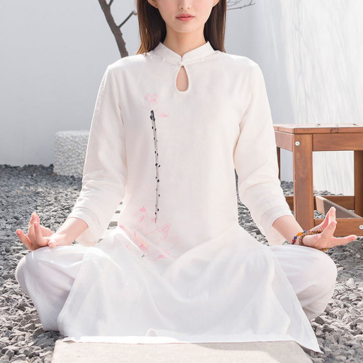 Buddha Stones 2-teiliges Lotus-Muster, Tai Chi, Meditation, Yoga, Baumwolle, Leinen, Kleidung, Oberteil, Hose, Damen-Set - Weiß (Oberteil & Hose) - US12, UK/AU16, EU44 (2XL) - image 0