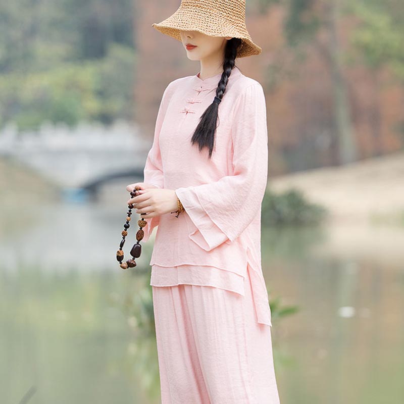 Buddha Stones 2-teiliges schlichtes Design-Oberteil, Hose, Meditation, Yoga, Zen, Tai Chi, Baumwoll-Leinen-Kleidung, Damen-Set - image 2