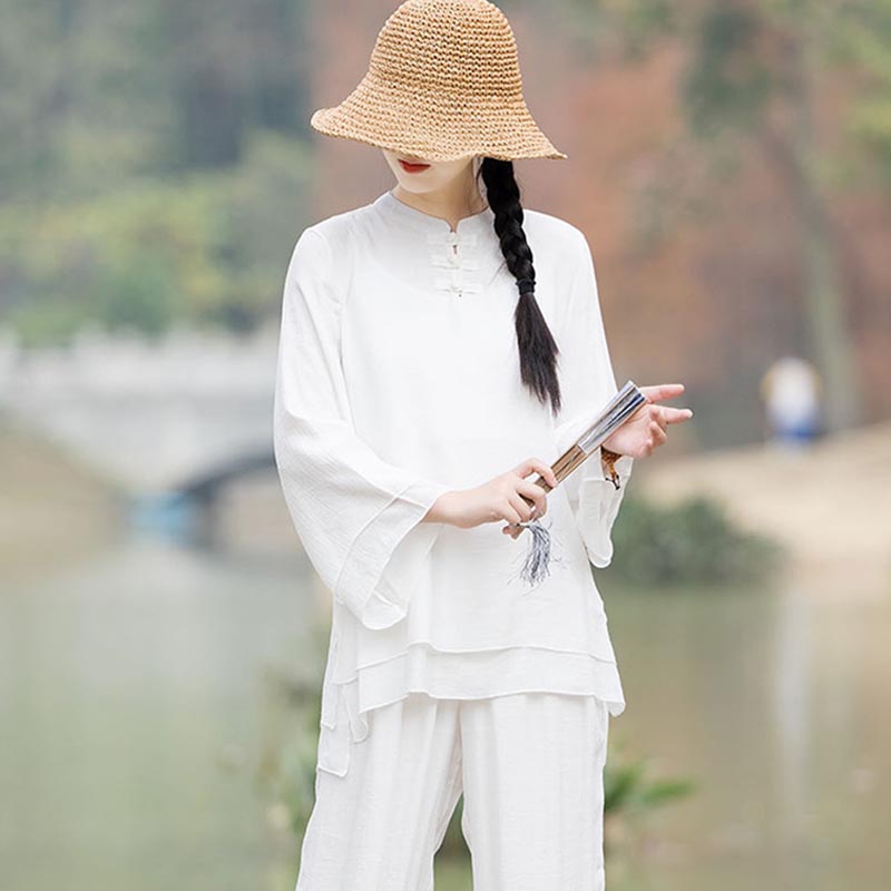 Buddha Stones 2-teiliges schlichtes Design-Oberteil, Hose, Meditation, Yoga, Zen, Tai Chi, Baumwoll-Leinen-Kleidung, Damen-Set - image 17