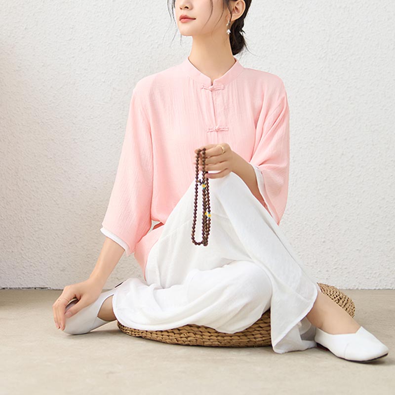 Buddha Stones 2-teiliges einfaches chinesisches Frosch-Knopf-Design, Oberteil, Hose, Meditation, Yoga, Zen, Tai Chi, Baumwollkleidung, Damen-Set - image 1