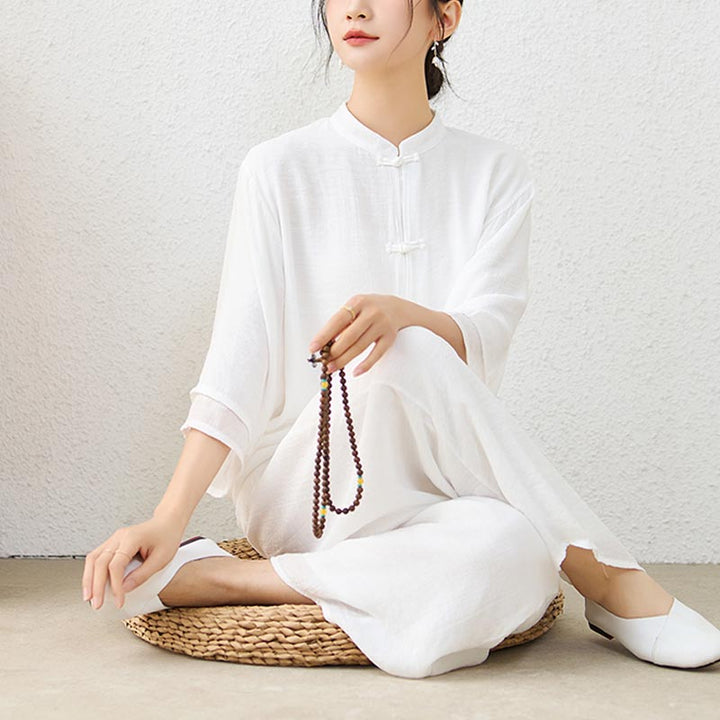Buddha Stones 2-teiliges einfaches chinesisches Frosch-Knopf-Design, Oberteil, Hose, Meditation, Yoga, Zen, Tai Chi, Baumwollkleidung, Damen-Set - Weiß (Oberteil & Hose) - US12, UK/AU16, EU44 (2XL) - image 8