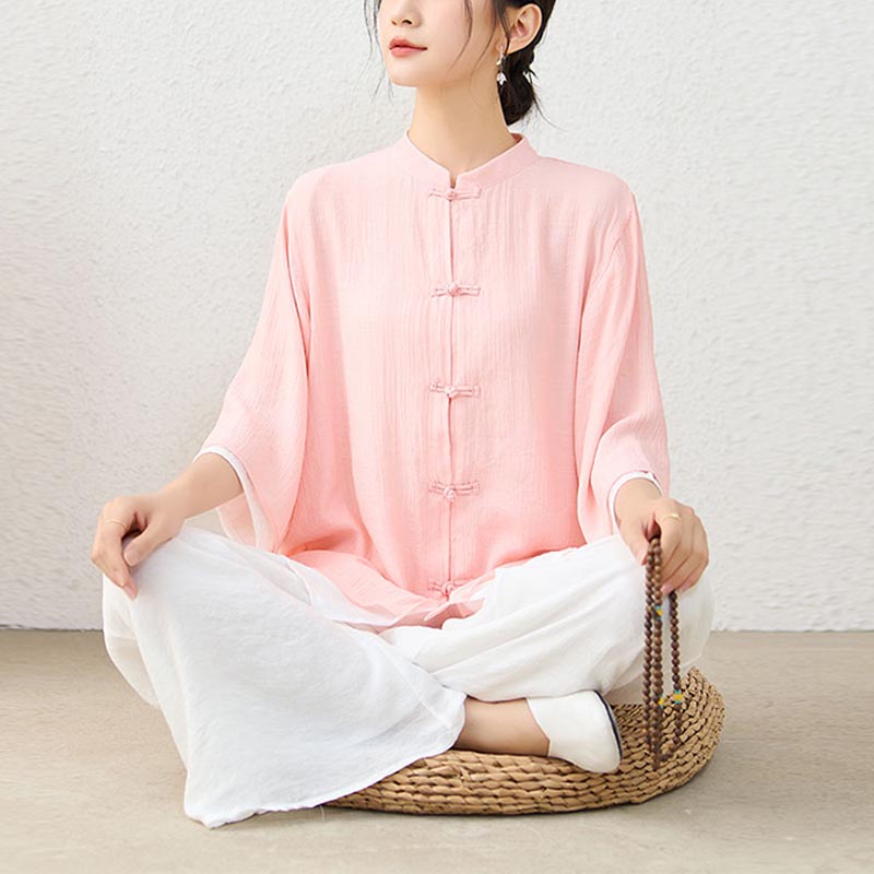 Buddha Stones 2-teiliges einfaches chinesisches Frosch-Knopf-Design, Oberteil, Hose, Meditation, Yoga, Zen, Tai Chi, Baumwollkleidung, Damen-Set - Rosa Top & Weiße Hose - US12， UK/AU16，EU44 (2XL) - image 0
