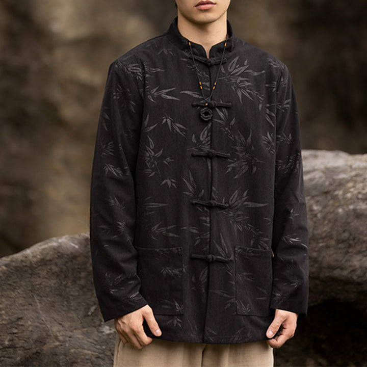 Buddha Stones, Bambusblätter, Kleidung, chinesischer Tang-Anzug, Jacke, Mantel, Herrenbekleidung - Schwarz (nur Oberteil) - US/ UK/AU46, EU56 (5XL)  - image 5