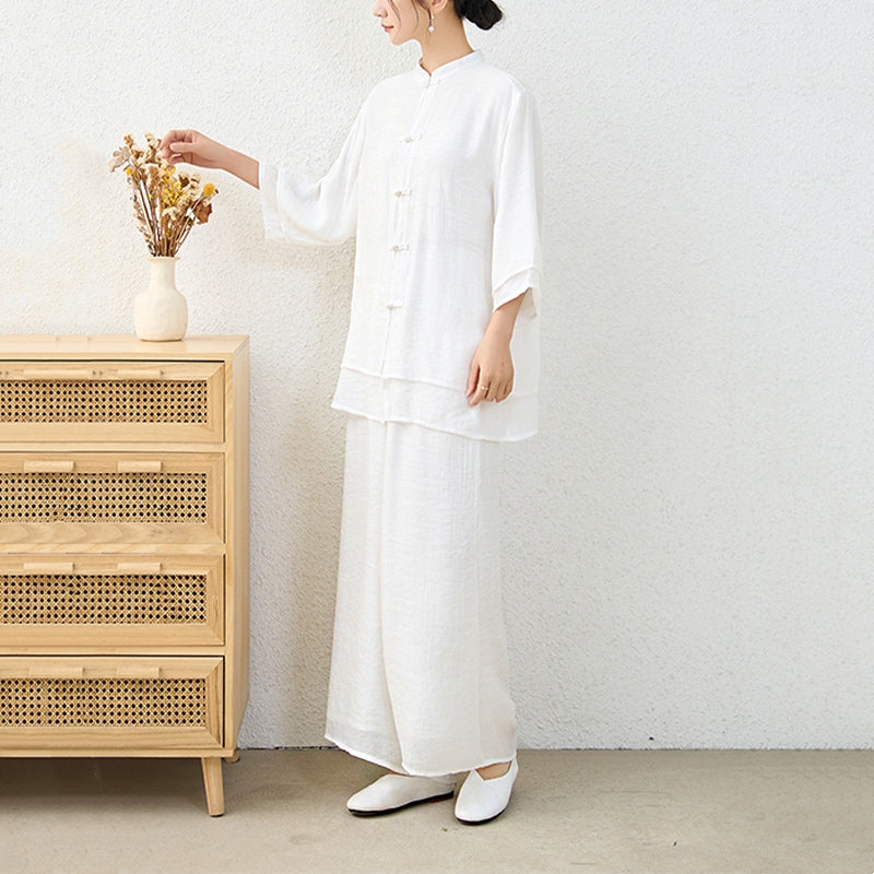 Buddha Stones 2-teiliges einfaches chinesisches Frosch-Knopf-Design, Oberteil, Hose, Meditation, Yoga, Zen, Tai Chi, Baumwollkleidung, Damen-Set - image 19